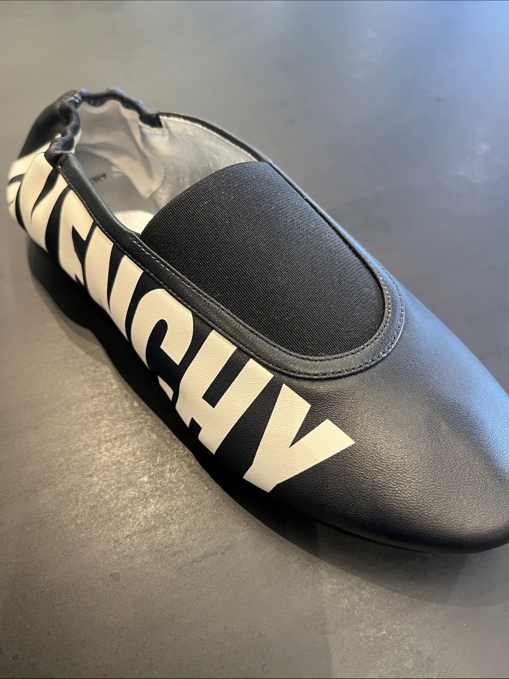 Givenchy Black Slip-On Shoe with White Graphic Branding NEW